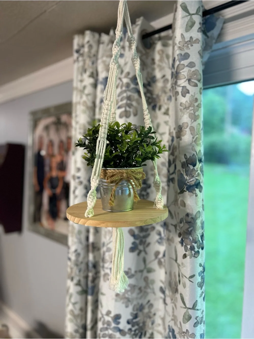 Hanging Macramé Plant Shelf with Wooden Base